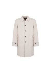 Cappotto di lana beige con chiusura a bottoni, due grandi tasche frontali e colletto classico. Presenta bottoni marroni e polsini delle maniche regolabili.