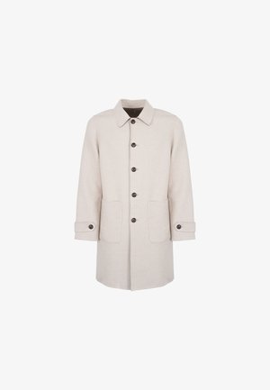 Cappotto di lana beige con chiusura a bottoni, due grandi tasche frontali e colletto classico. Presenta bottoni marroni e polsini delle maniche regolabili.