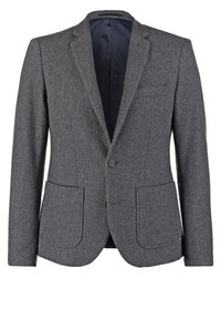 Šedý vlněný blazer s pevným designem, klopovými límci, dvěma předními kapsami a jedním knoflíkem na zapínání. Interiér má texturovanou podšívku.
