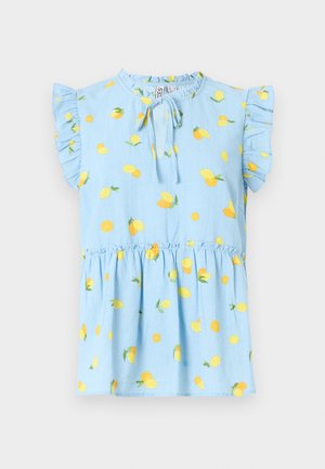 Light blue short-sleeve top with frill accents, featuring a gathered waist and yellow lemon patterns throughout, with a tie neckline.