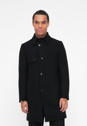 Cappotto nero in lana con colletto, bottoni frontali e tasche laterali inclinate. Design semplice con una vestibilità sartoriale e una texture liscia.