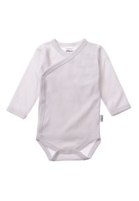 Helles graues Baby-Bodysuit mit langen Ärmeln, gestreiftem Muster, Wickeldesign, Druckknopfverschlüssen und weichem Stoff. Verfügt über ein Etikett an der Seite.