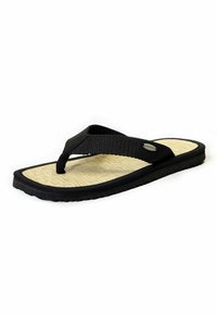Black flip-flop with a textured strap, featuring a tan, woven-looking footbed and a flexible black rubber outsole. Logo accent on the strap.