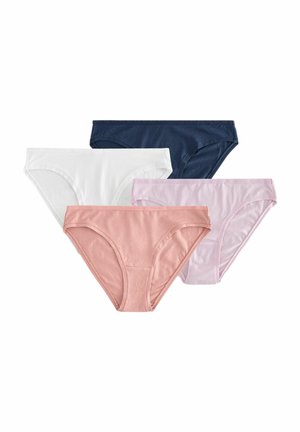 Vier paar damesondergoed in de kleuren: wit, marineblauw, lichtroze en perzik. Gemaakt van gladde stof met een eenvoudige, klassieke snit.
