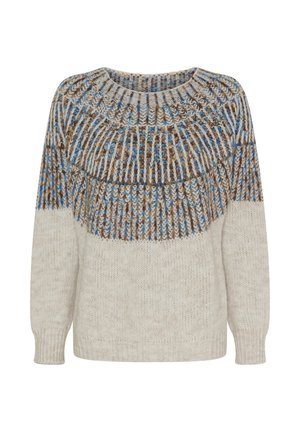Strikket sweater i creme med et mønstret bærestykke i brun og blå. Har rund hals og lange ærmer. Blød tekstur, afslappet pasform.