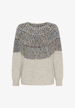 Strikket sweater i creme med et mønstret bærestykke i brun og blå. Har rund hals og lange ærmer. Blød tekstur, afslappet pasform.