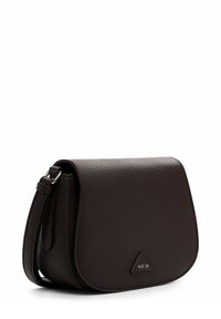 Brown leather crossbody bag with a textured finish, triangular logo accent, and a flap closure. Adjustable strap included.