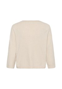 Pull beige à manches longues avec un col rond vu de dos, présentant un design simple et uni en tricot.