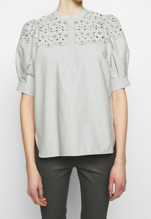Persona con blusa gris claro con detalle de encaje calado en la parte superior del pecho y mangas cortas abullonadas, combinada con pantalones oscuros.