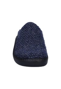 Navy woven slip-on slipper with a textured upper, rounded toe, and black rubber sole, designed for comfort and easy wear.