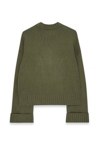 Olive green knitted sweater with a ribbed crew neckline, cropped hem, and ribbed cuffs. Textured fabric with a loose fit design.