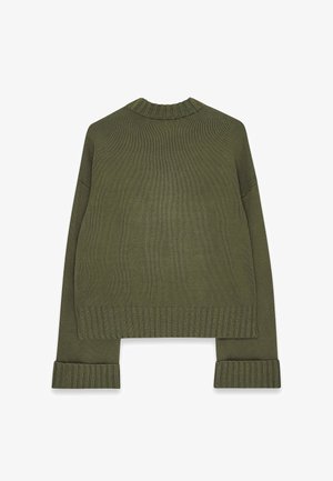 Olive green knitted sweater with a ribbed crew neckline, cropped hem, and ribbed cuffs. Textured fabric with a loose fit design.