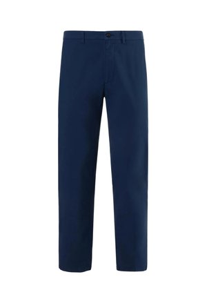 Pantaloni a gamba dritta blu navy con passanti per cintura, chiusura frontale con bottone e zip.