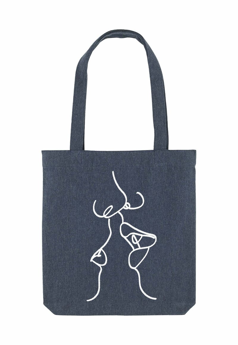 Borsa a tracolla blu scuro con un disegno a linea continua bianca di due volti che si baciano sul davanti, dotata di manici lunghi per il trasporto a spalla.