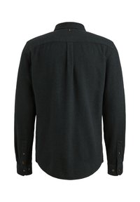 Tmavě šedá košile s dlouhým rukávem vyrobená z texturované látky. Má límec na knoflíky, zadní yoke a zaoblený lem. Obsahuje manžety na knoflíky.