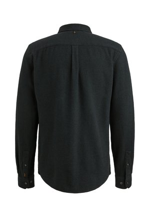 Camisa de manga larga gris oscuro hecha de tela texturizada. Presenta un cuello con botones, canesú trasero y dobladillo redondeado. Incluye puños con botones.