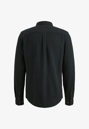 Mørkegrå langærmet skjorte lavet af struktureret stof. Har en krave med knapper, rygpanel og rundet kant. Inkluderer knappeærmer.