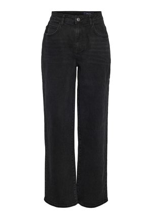 High-waisted black denim jeans with straight legs, front button, and five-pocket design.