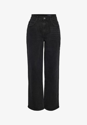 Jean en denim noir taille haute avec jambes droites, bouton frontal et design à cinq poches.