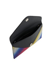 Sort læderpung med farverigt gradient-mesh klap, der har en snaplukning og et rummeligt indre med sort foering.