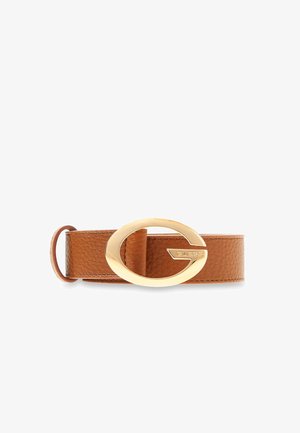 Brown textured leather belt with large gold oval buckle featuring "GUESS" logo on a white background.
