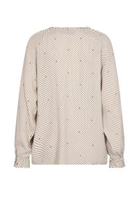 Beige långärmad blus med sneda tunna svarta ränder och små prickmönster, med samlade manschetter, visad bakifrån på vit bakgrund.