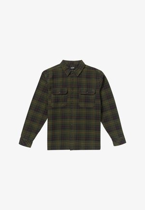 Koszula w kratę z flaneli w ciemnej zieleni i brązie, wyposażona w dwie kieszenie na piersi, kołnierz zapinany na guziki oraz długie rękawy z zamknięciami na guziki.