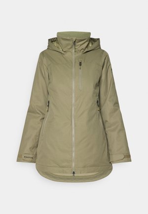 Olive roheline välijakk, mis on valmistatud veekindlast materjalist, varustatud kapuutsiga, tõmblukuga esiosa, rinna tasku ja reguleeritavate mansettidega.