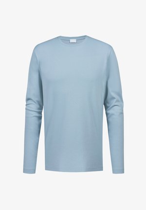 Lange mouwen lichtblauw T-shirt gemaakt van zachte katoen. Heeft een ronde hals en een eenvoudig, onopvallend ontwerp met een rechte zoom en aansluitende mouwen.