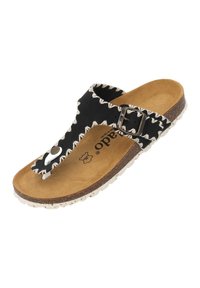 Schwarze Zehentrenner-Sandale mit weißer Naht, ausgestattet mit einer Schnallen-Akzentuierung, einem suede-ähnlichen Fußbett und einer gemusterten Gummisohle mit strukturiertem Finish.