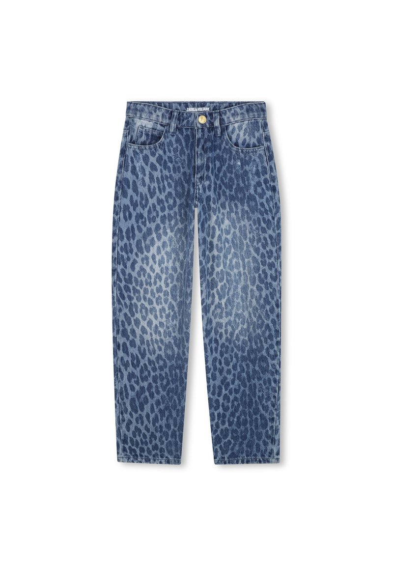 Jeans in denim blu con motivo leopardato scuro, tasche anteriori, passanti per cintura, chiusura con bottone e vestibilità dritta.
