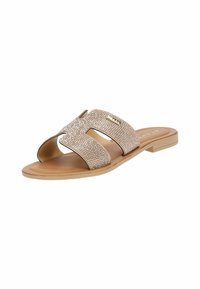 Slide sandals with a smooth tan sole, featuring dual crossed straps adorned with rhinestones and a small logo detail in gold.