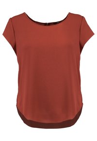 Blouse à manches courtes couleur rouille avec un col rond et un ourlet légèrement arrondi. Confectionnée en tissu léger et lisse avec un bas contrastant.