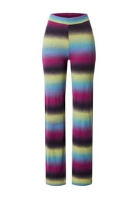 Kleurrijke gestreepte leggings met een mix van paars, blauw, geel en zwart, voorzien van een rekbare tailleband en een rechte pijpdesign.