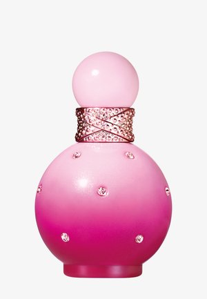 Rund, lyserød ombré parfume flaske med stor kugleformet låg, pyntet med små perler og et tekstureret metallisk bånd rundt om halsen.