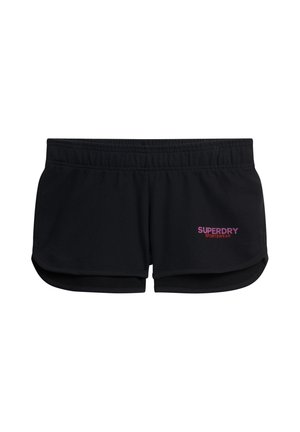 Zwarte sportshorts met een elastische tailleband. Bevat een roze "SUPERDRY" logo aan de linker voorkant. Zacht materiaal met een losse pasvorm.