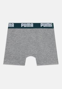 Grijze boxershorts met een donkere tailleband met daarop witte "PUMA"-logo's, plat gelegd op een witte achtergrond.
