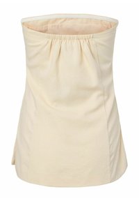 Haut bustier beige avec un élastique froncé sur le bord supérieur et un ourlet légèrement évasé, fabriqué en tissu lisse.