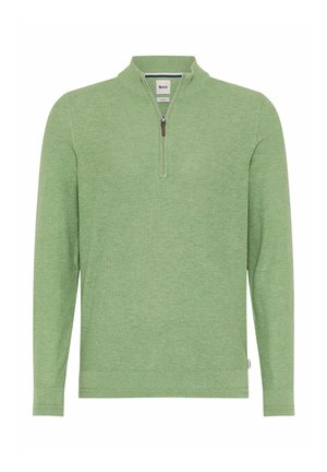 Pullover a maniche lunghe color verde chiaro in maglia, con collo con zip a quattro parti e polsini e orlo a coste, mostrato su sfondo bianco.