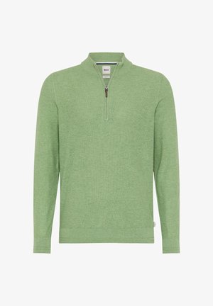 Pullover a maniche lunghe color verde chiaro in maglia, con collo con zip a quattro parti e polsini e orlo a coste, mostrato su sfondo bianco.
