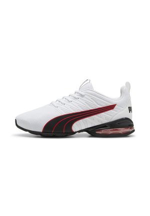Weißer Sport sneaker aus Mesh-Material mit roten und schwarzen Akzenten, strukturiertem Design und sichtbarem Luftpolster in der Sohle.