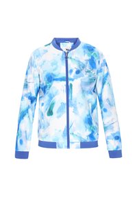 Lichte bomberjack in een blauw aquarel patroon, met een rits aan de voorkant en effen blauwe manchetten. Glad materiaal met een relaxte pasvorm.