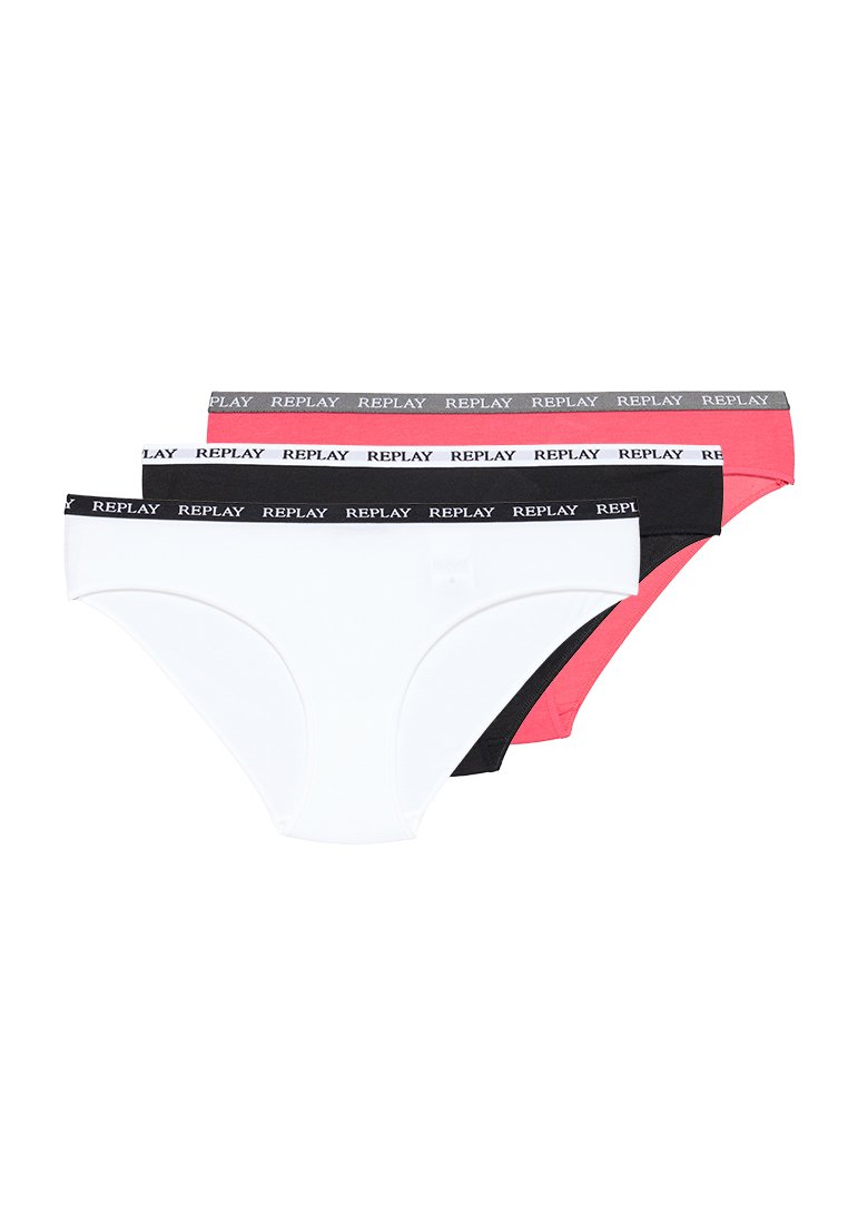 Trois paires de sous-vêtements en coton de couleur blanche, noire et rose, dotées de ceintures élastiques douces avec le logo "REPLAY". Design et coupe simples.