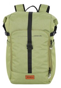 Green roll-top backpack made of textured fabric, featuring black straps, a front zip pocket, and an orange brand patch for added detail.