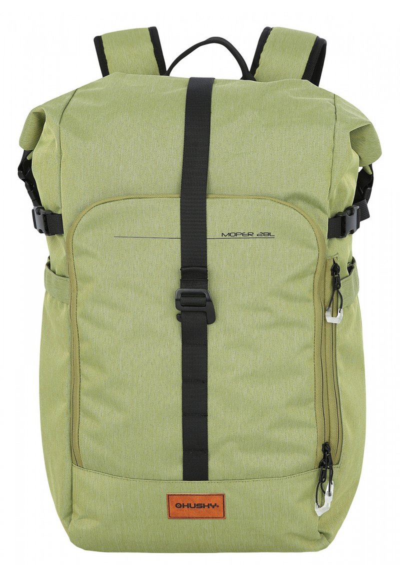 Green roll-top backpack made of textured fabric, featuring black straps, a front zip pocket, and an orange brand patch for added detail.