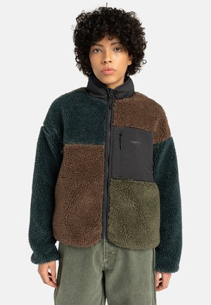 Fleecejack met een mix van groene, bruine en zwarte panelen. Voorzien van een ritssluiting op de borst, hoge kraag en textuurstof.