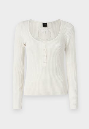 Long-sleeve, cream ribbed top with a scoop neckline, five-button placket, and subtle cutout detail at the back. Smooth texture.