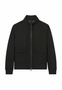 Zwarte zip-up jas van textuurstof, met een staande kraag, twee voorkeurszakken en ribgebreide manchetten. Eenvoudig en functioneel ontwerp.