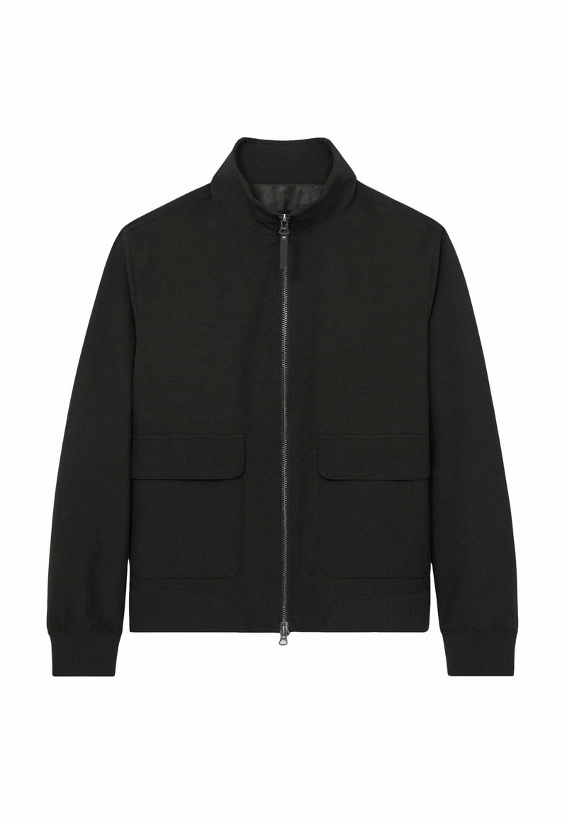 Zwarte zip-up jas van textuurstof, met een staande kraag, twee voorkeurszakken en ribgebreide manchetten. Eenvoudig en functioneel ontwerp.