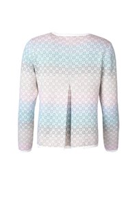 Langarmoberteil mit einem Farbverlauf-Blumenmuster in Pastellfarben, einem gespaltenen Rückendesign und einem kontrastierenden weißen Kragen und Saum.